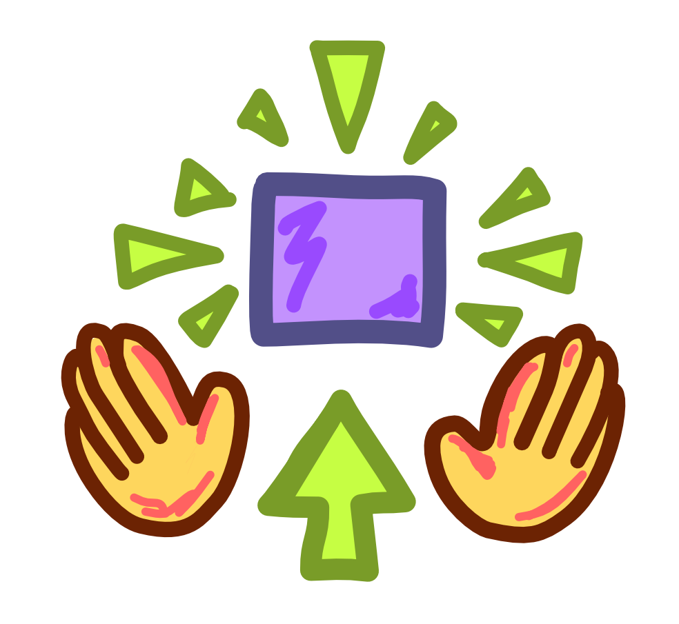  two yellow hands reaching for a purple square, the square has green triangle marks around it. There is a green arrow below the square.